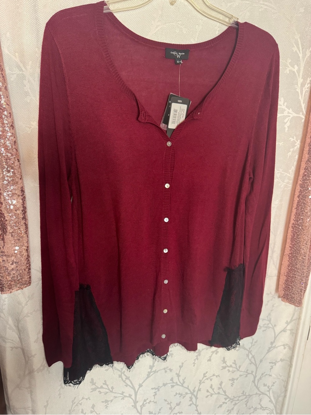 Women's Button-Down Knit Top in Wine with Black Lace Trim - Picture 2 of 4